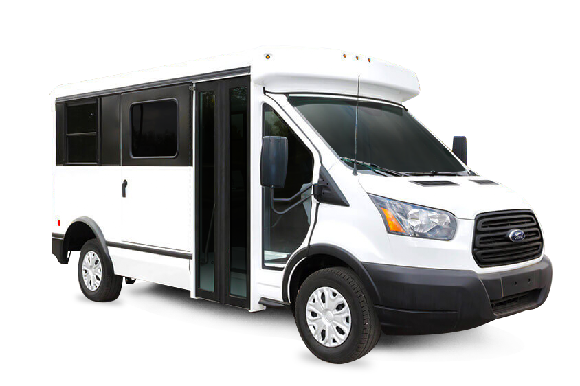 white Collins Mini Bus side view, doors closed