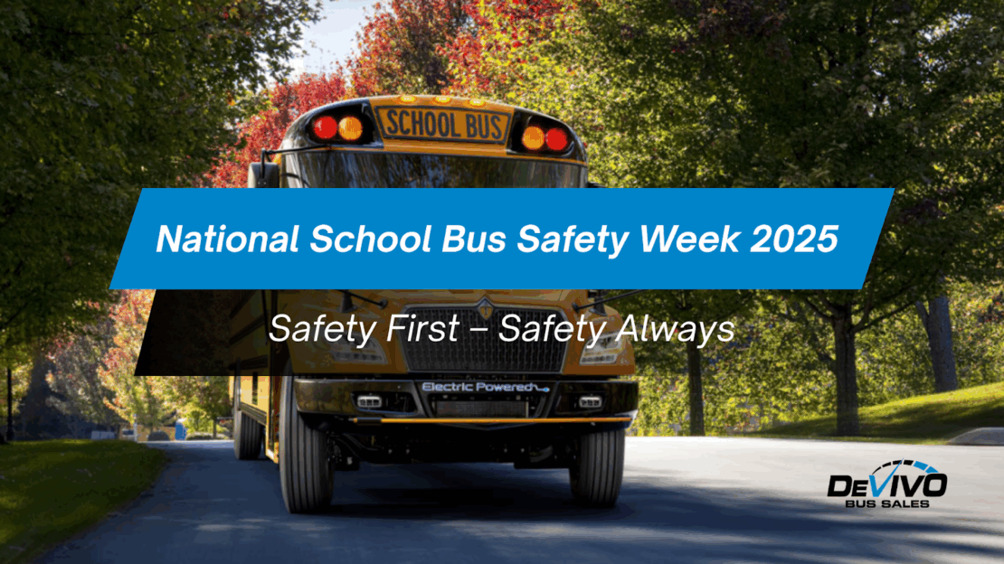 DeVivo school bus driving on a Connecticut street in autumn, promoting National School Bus Safety Week 2025 with overlay text ‘Safety First – Safety Always’.